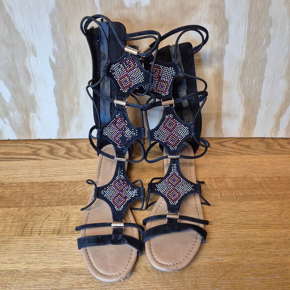 Forever Womens 8.5 Gladiator Sandals Black Rhinestone Studded Strappy Boho Flat